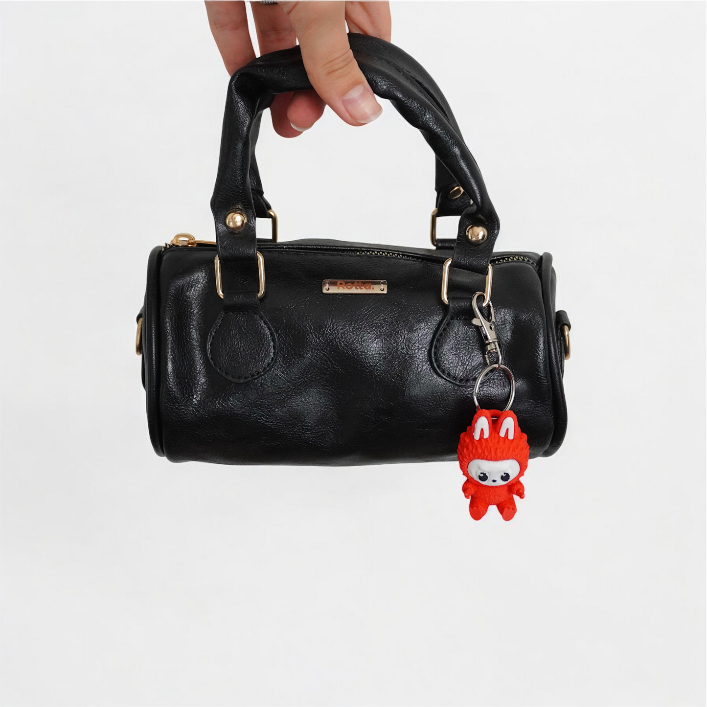 LIA - Elegant Round Mini Leather Bag with Long Strap, barrel bag - Gray & Black