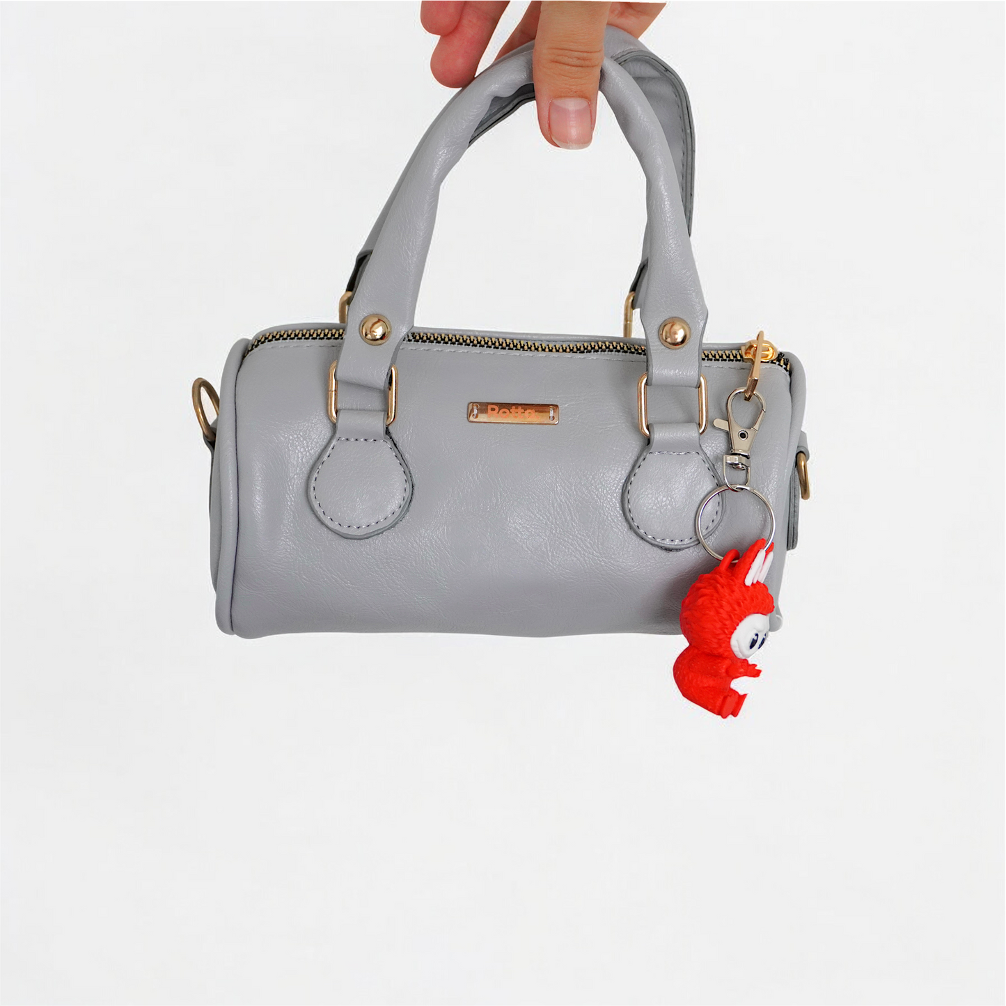 LIA - Elegant Round Mini Leather Bag with Long Strap, barrel bag - Gray & Black