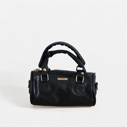 LIA - Elegant Round Mini Leather Bag with Long Strap, barrel bag - Gray & Black