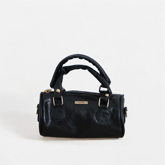 LIA - Elegant Round Mini Leather Bag with Long Strap, barrel bag - Gray & Black